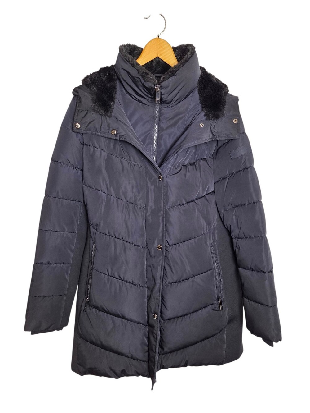 Andrew Marc Women's Dark Blue Puffer Jacket Faux Fur Hood Full Zip Winter Coat